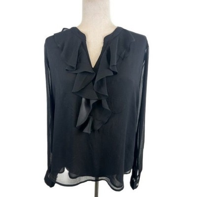 Tommy Hilfiger Blouse Top Women's Size Large Black Chiffon Ruffle V-Neck Holiday - Image 2
