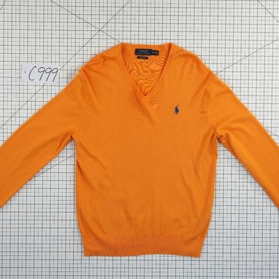 Polo Ralph Lauren Sweater Men's Orange Pima Cotton V-Neck Blue Pony Size Medium - Image 6