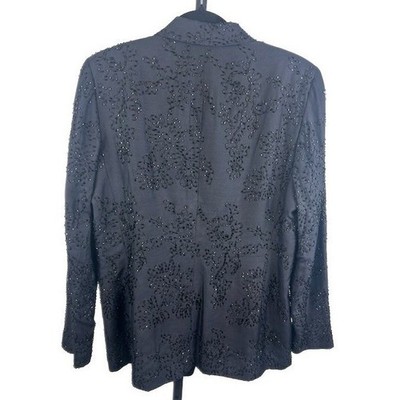 Classic Dana Buchman 100% Silk Blue Black Crystal Beaded Blazer Jacket Size 10 - Image 2