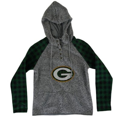 Green Bay Packers Hoodie Men's Size Large Grey Marl Plaid Henley Sweatshirt Top - Image 2