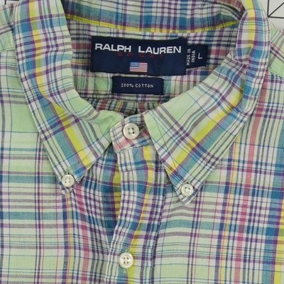 Ralph Lauren Sport Mens Size Large Green Plaid Madras Short Sleeve Shirt - Image 4