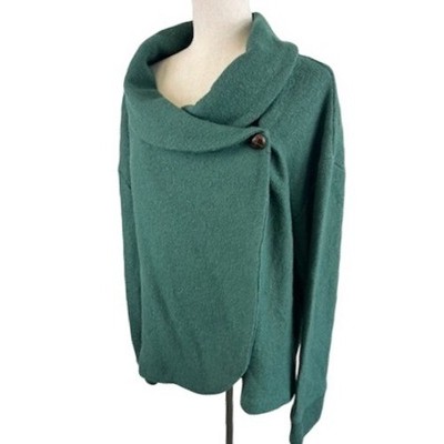 Sigrid Olsen Womens Green Boiled Wool Blend Cowl Neck Button Sweater Size XL