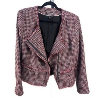 White House Black Market Moto Jacket Women Size 12 Pink Tweed Houndstooth Blazer - Image 3