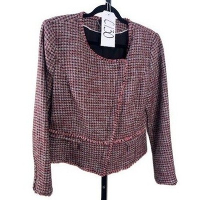 White House Black Market Moto Jacket Women Size 12 Pink Tweed Houndstooth Blazer - Image 9