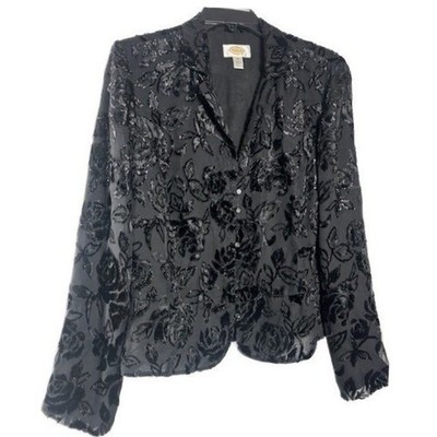 Talbots Evening Jacket Women's Size 12 Black Velvet Floral Burnout Blazer Top - Image 2