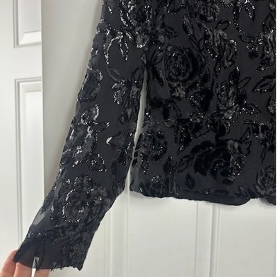 Talbots Evening Jacket Women's Size 12 Black Velvet Floral Burnout Blazer Top - Image 4