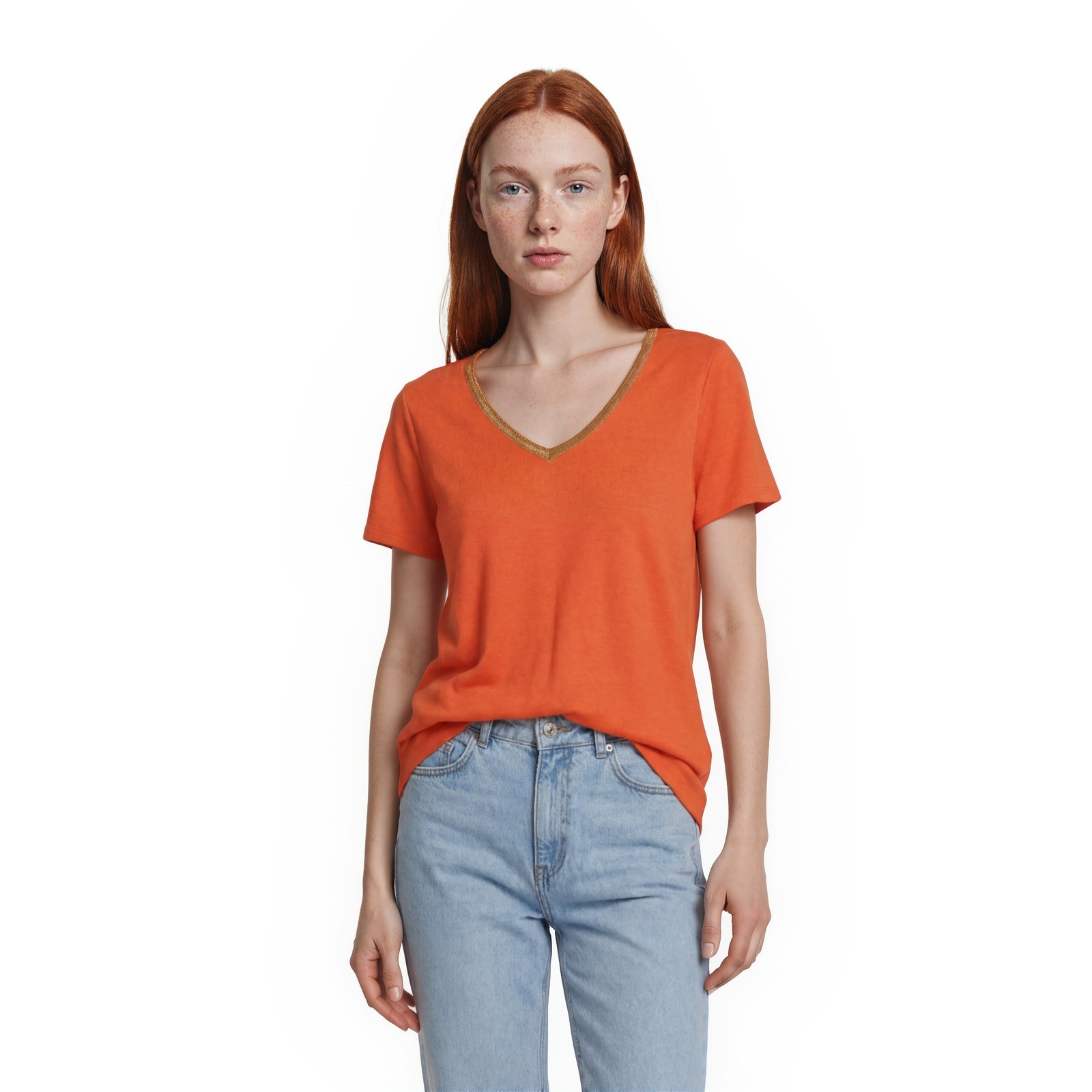 NWT Talbots Top Shirt Womens Size Medium Petite Orange Linen Blend Beaded V Neck