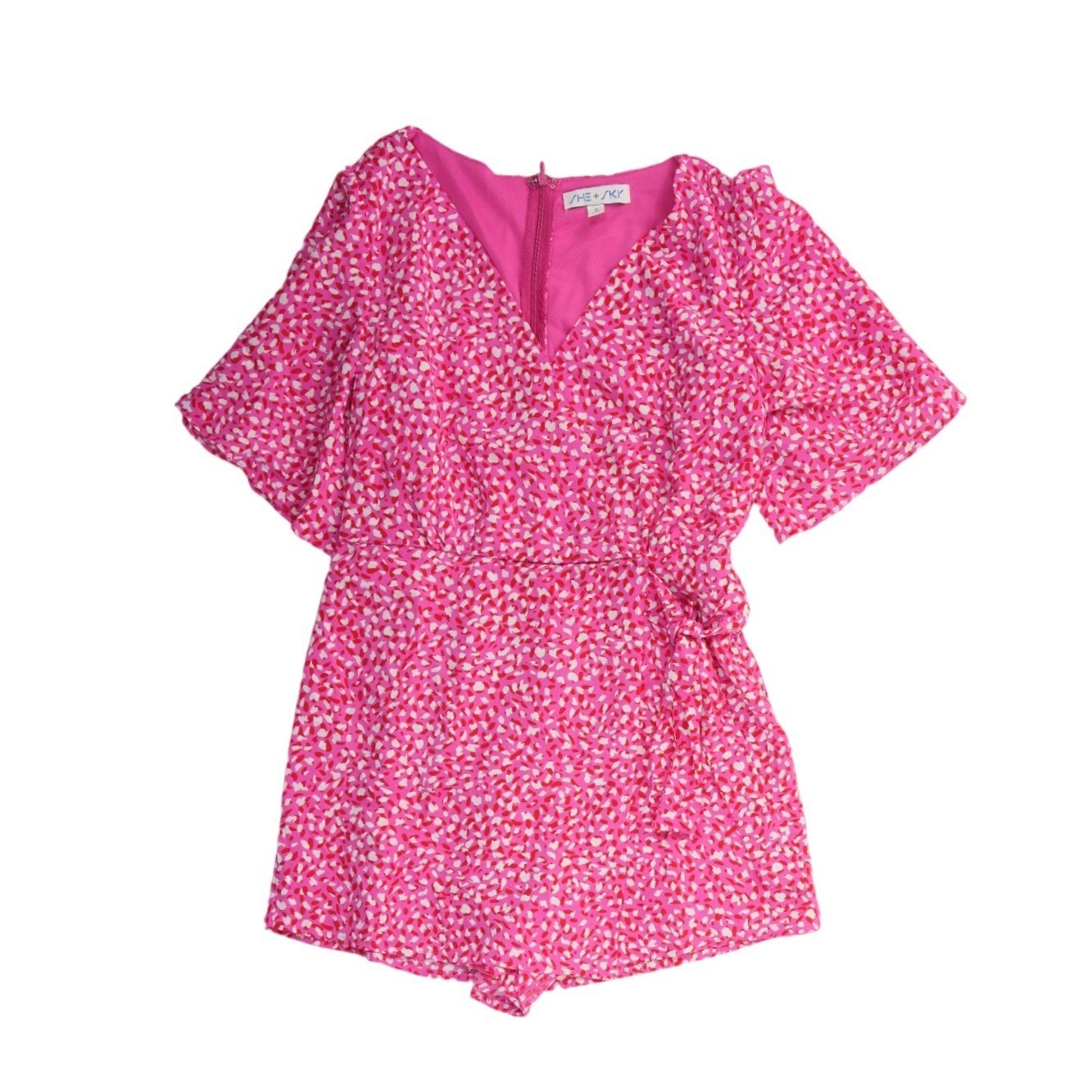 New She + Sky Romper Women's Size Large Pink Abstract V Neck Flutter Sleeve