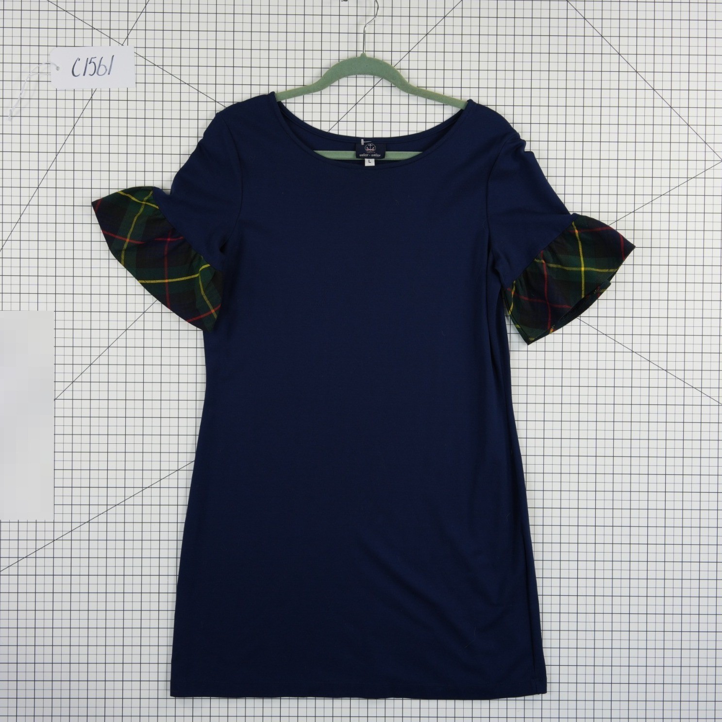 Sailor-Sailor Shift Dress Women's Size Large Navy Blue Plaid Ruffle Sleeve - Image 7