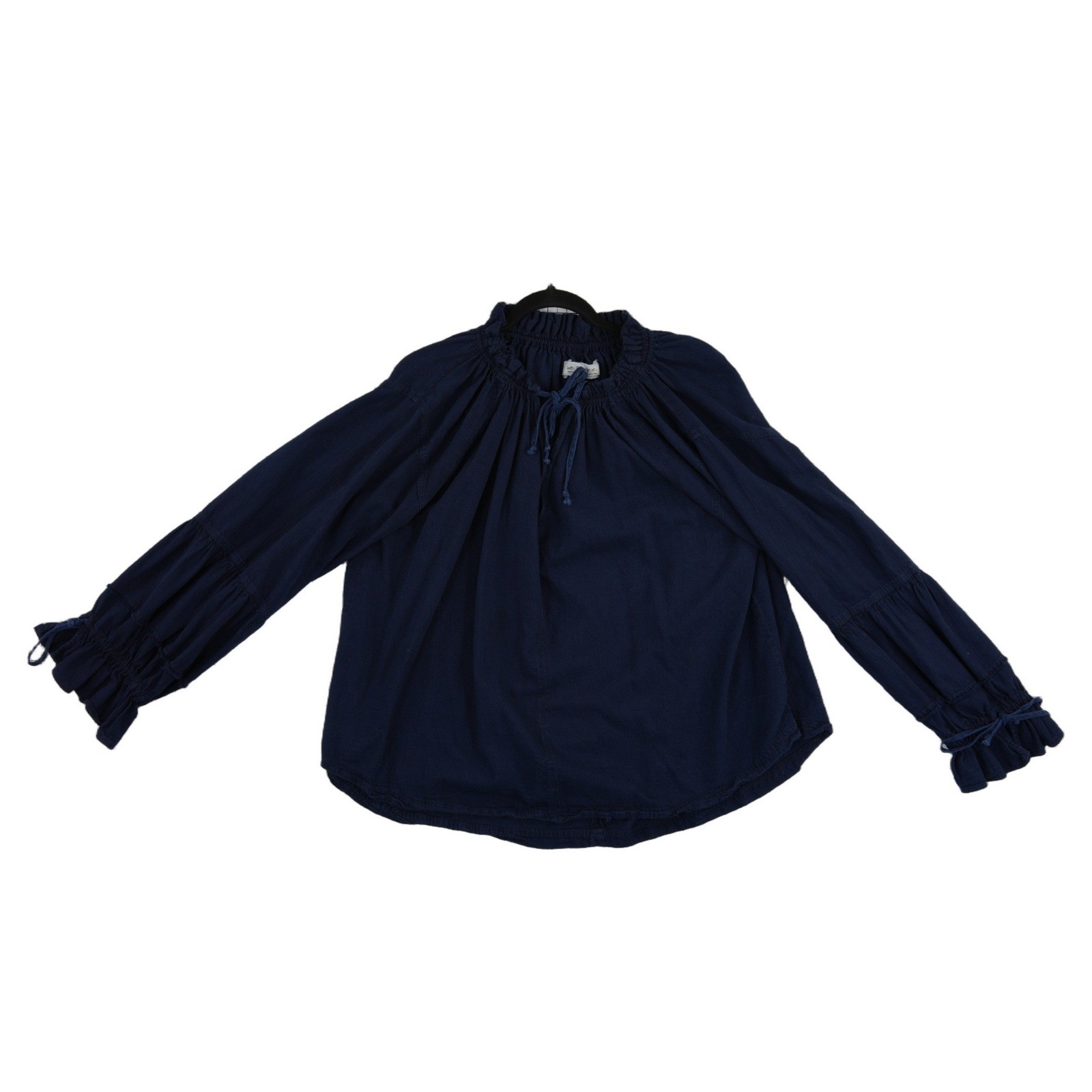 We The Free Peasant Blouse Women's Size Medium Navy Blue Boho Ruffle Tie Neck - Image 2