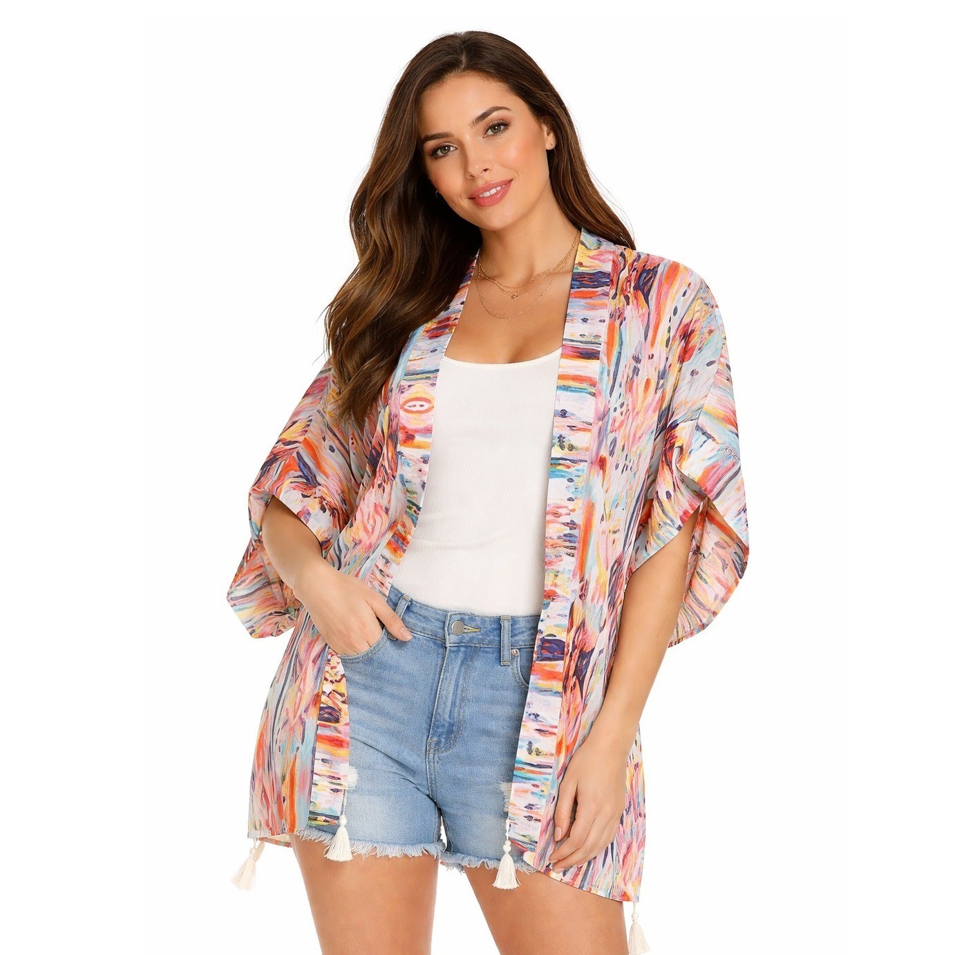 La Blanca Women's One Size Multi Color Ikat Tassel Kimono Cover Up Bathing Boho