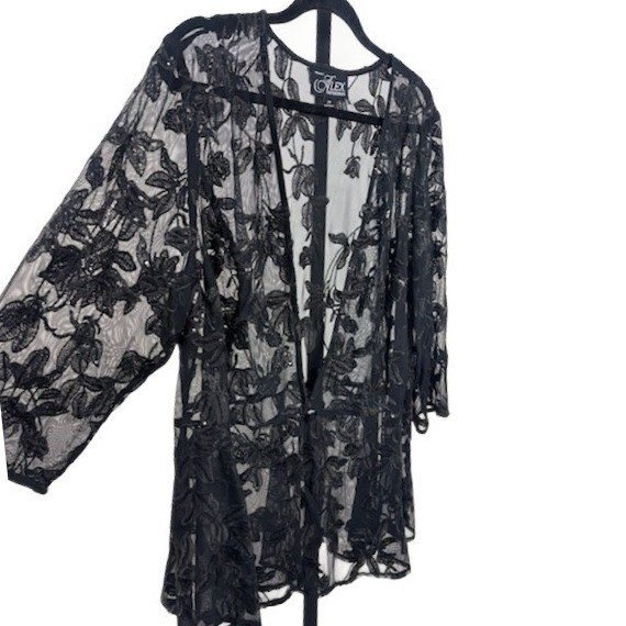 Alex Evenings Jacket Women Size 2X Black Floral Lace Sequin Open Cardigan Topper - Image 2
