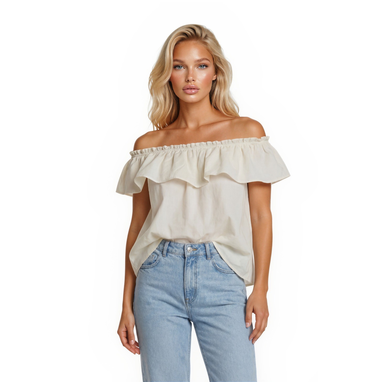 New Haute Monde Top Women's Size 1X Cream Off Shoulder Ruffle Peplum Tie