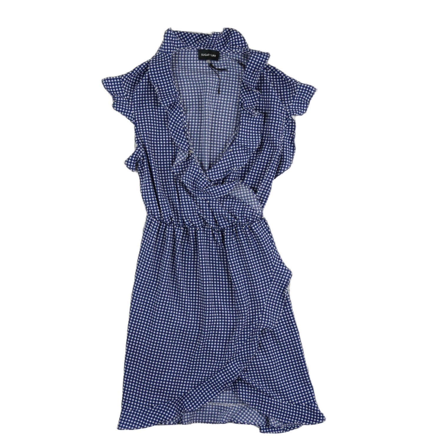 Sugar Lips Wrap Mini Dress Womens Size Medium Blue Gingham Ruffle V Neck - Image 2