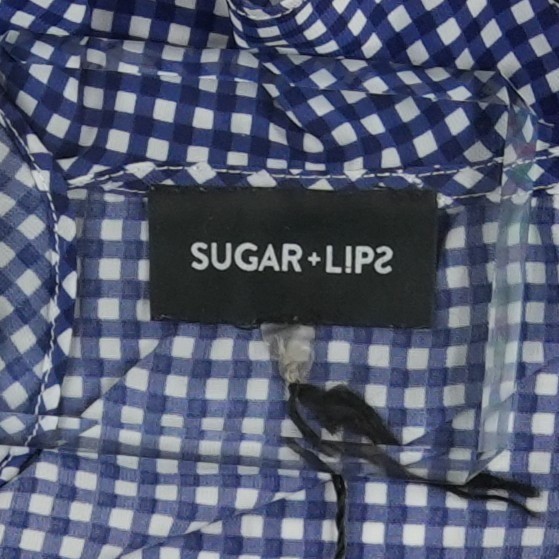 Sugar Lips Wrap Mini Dress Womens Size Medium Blue Gingham Ruffle V Neck - Image 5