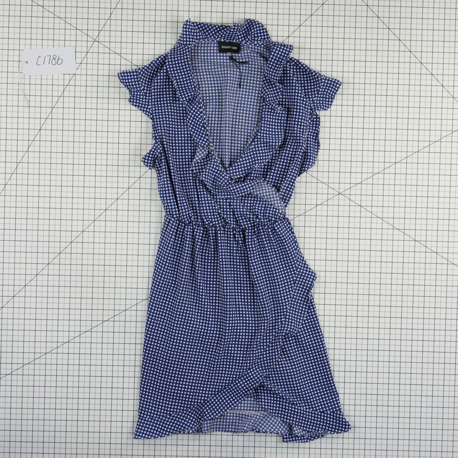 Sugar Lips Wrap Mini Dress Womens Size Medium Blue Gingham Ruffle V Neck - Image 7