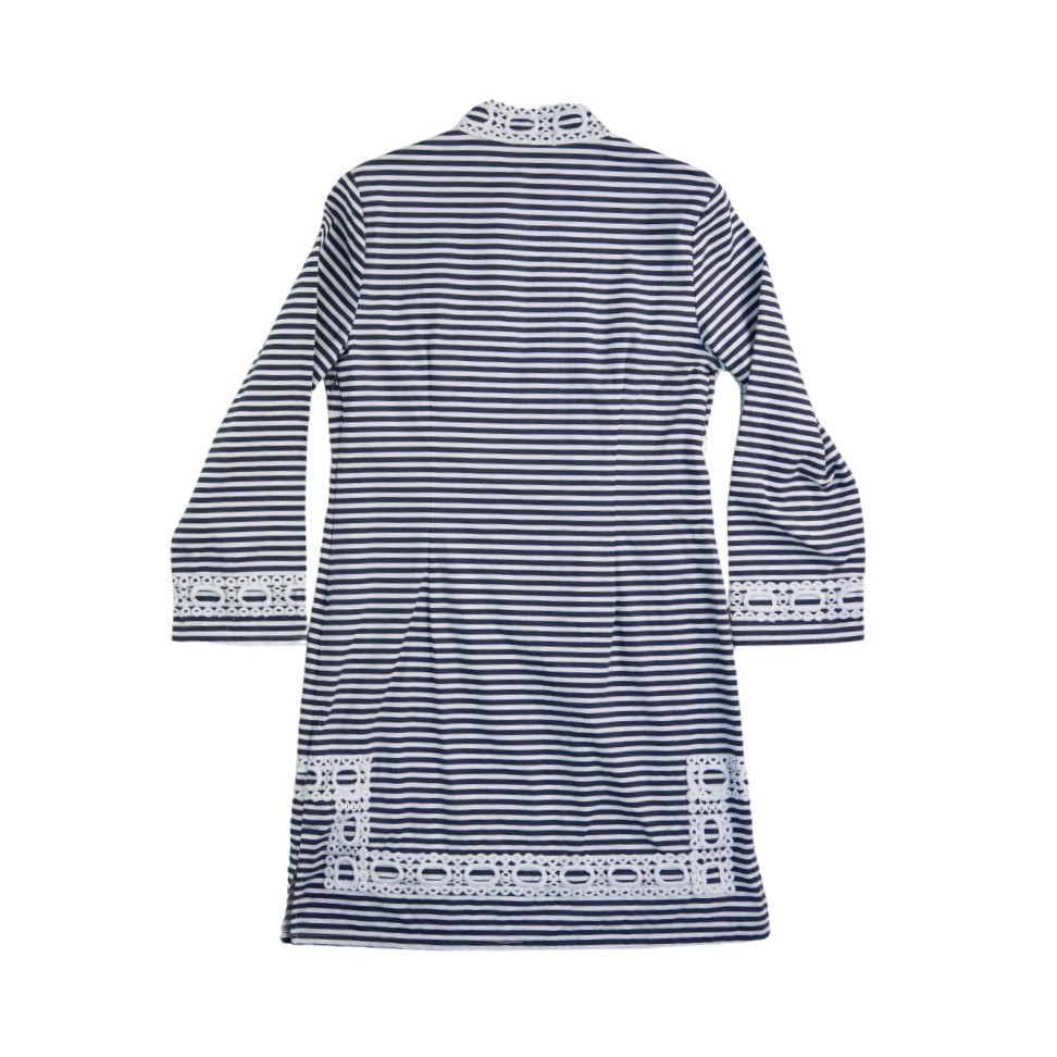 Sail to Sable Tunic Dress Womens Medium Navy White Striped Lace Trim 3/4 Sleeve - Image 2
