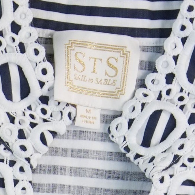 Sail to Sable Tunic Dress Womens Medium Navy White Striped Lace Trim 3/4 Sleeve - Image 3