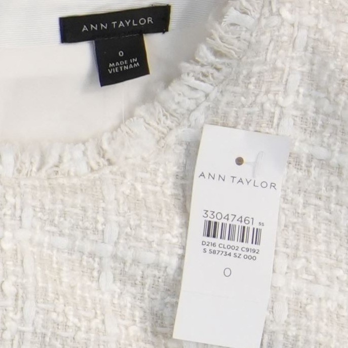New Ann Taylor Shift Dress Women's Size 0 Cream White Tweed Fringe Trim - Image 3