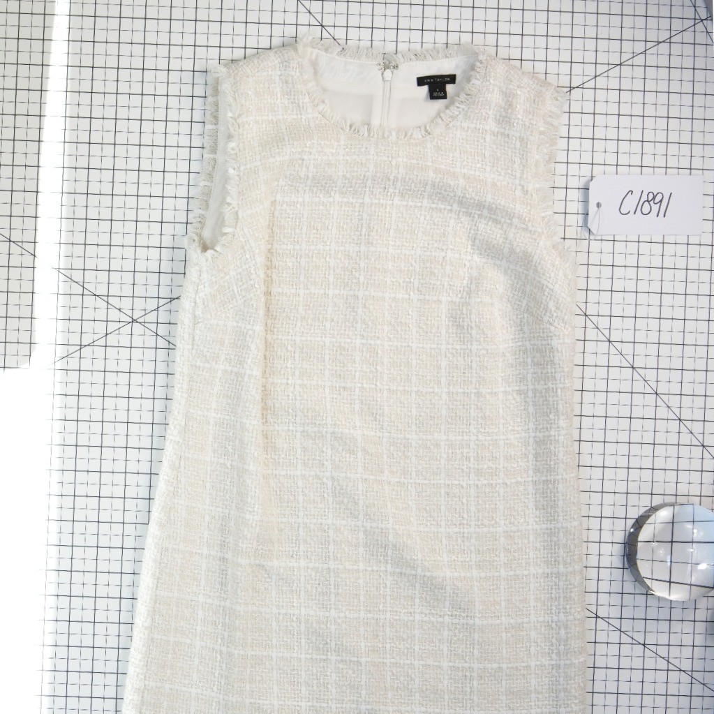 New Ann Taylor Shift Dress Women's Size 0 Cream White Tweed Fringe Trim - Image 6