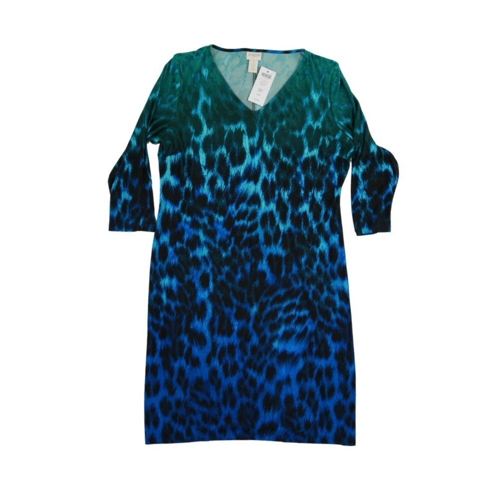 New Chicos PT Dress Womens Size 1 Petite US Medium Ombre Animal Print V Neck