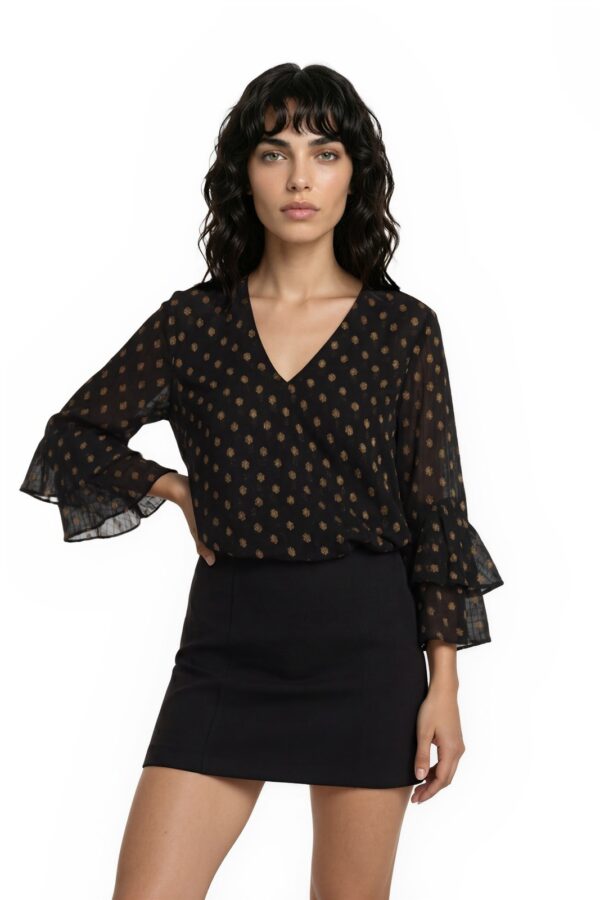 Vince Camuto Blouse Women's Size Medium Black Gold Metallic Ruffle Sleeve Top