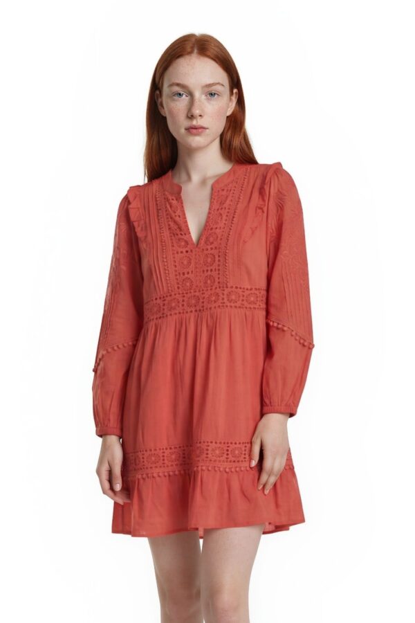 Akemi Kin Anthropologie Dress Women's Size Small Coral Boho Crochet Lace V Neck