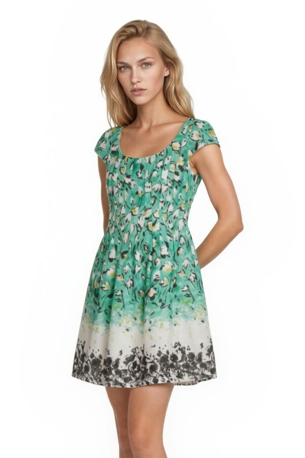 Kay Unger Fit Flare Dress Women's Size 4 Green Floral Cotton Silk Blend
