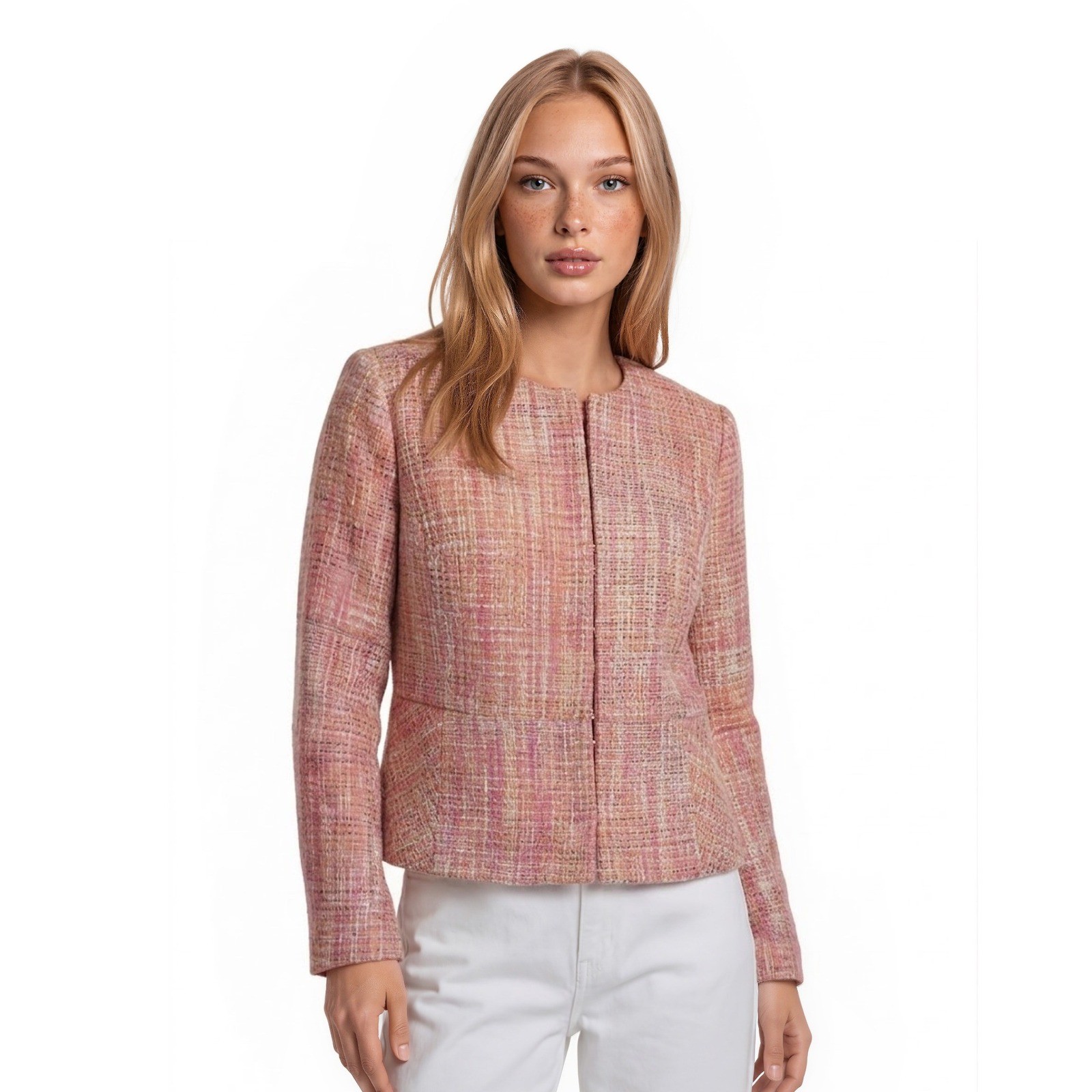 Talbots Petites Blazer Jacket Women's Size 6P Pink Orange Tweed Collarless