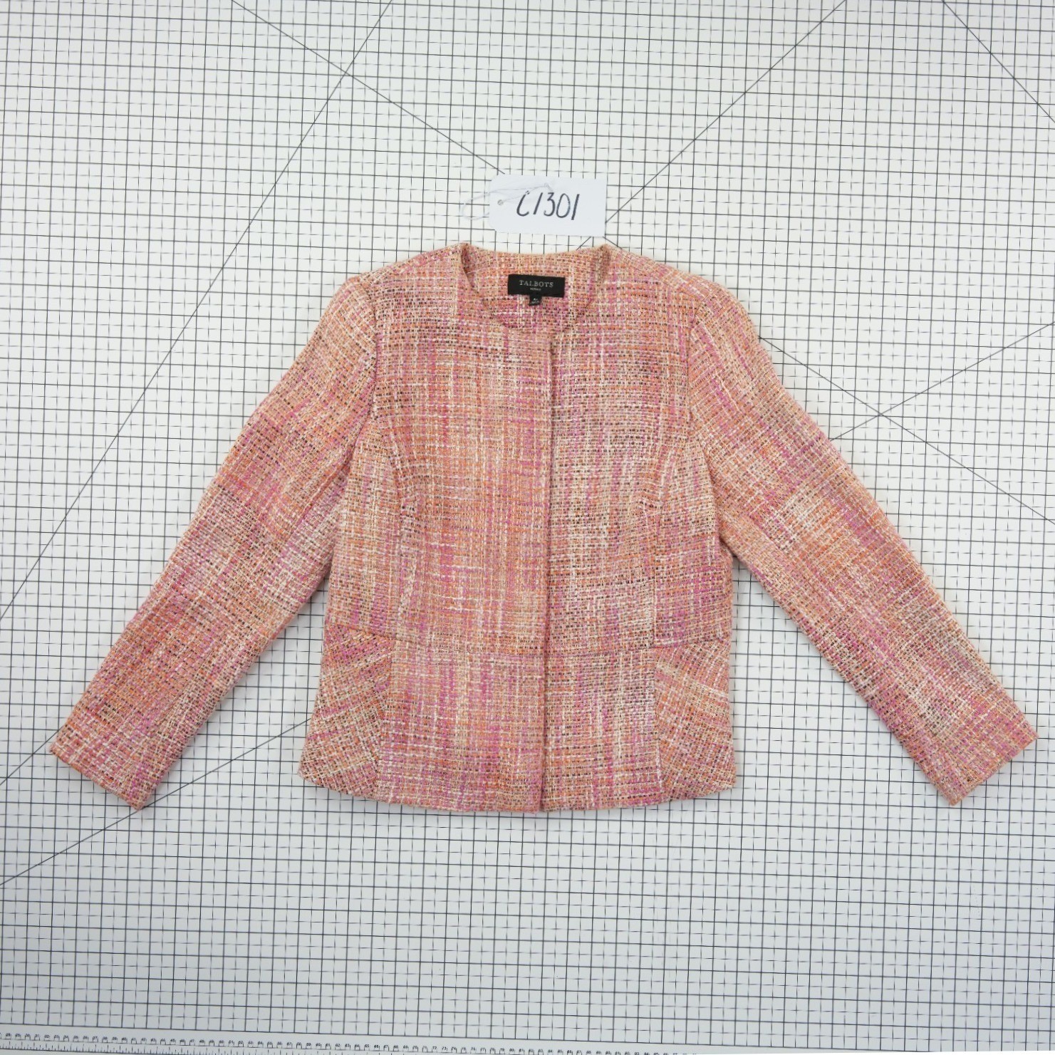 Talbots Petites Blazer Jacket Women's Size 6P Pink Orange Tweed Collarless - Image 8