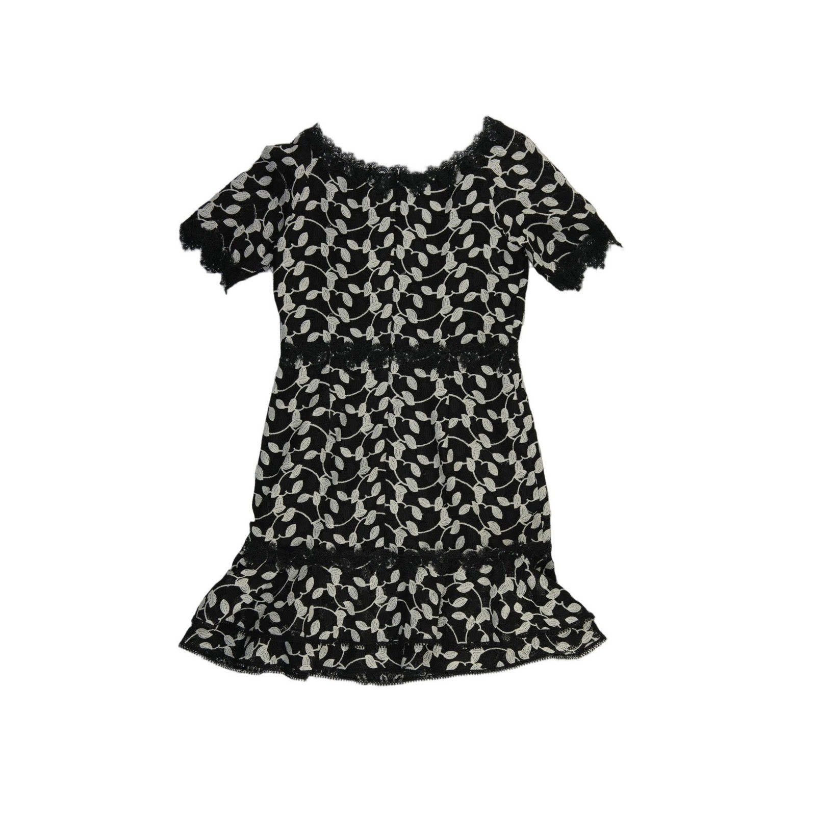 Shani Fit Flare Cocktail Dress Women Size 10 Black Cream Embroidered Lace Ruffle - Image 3