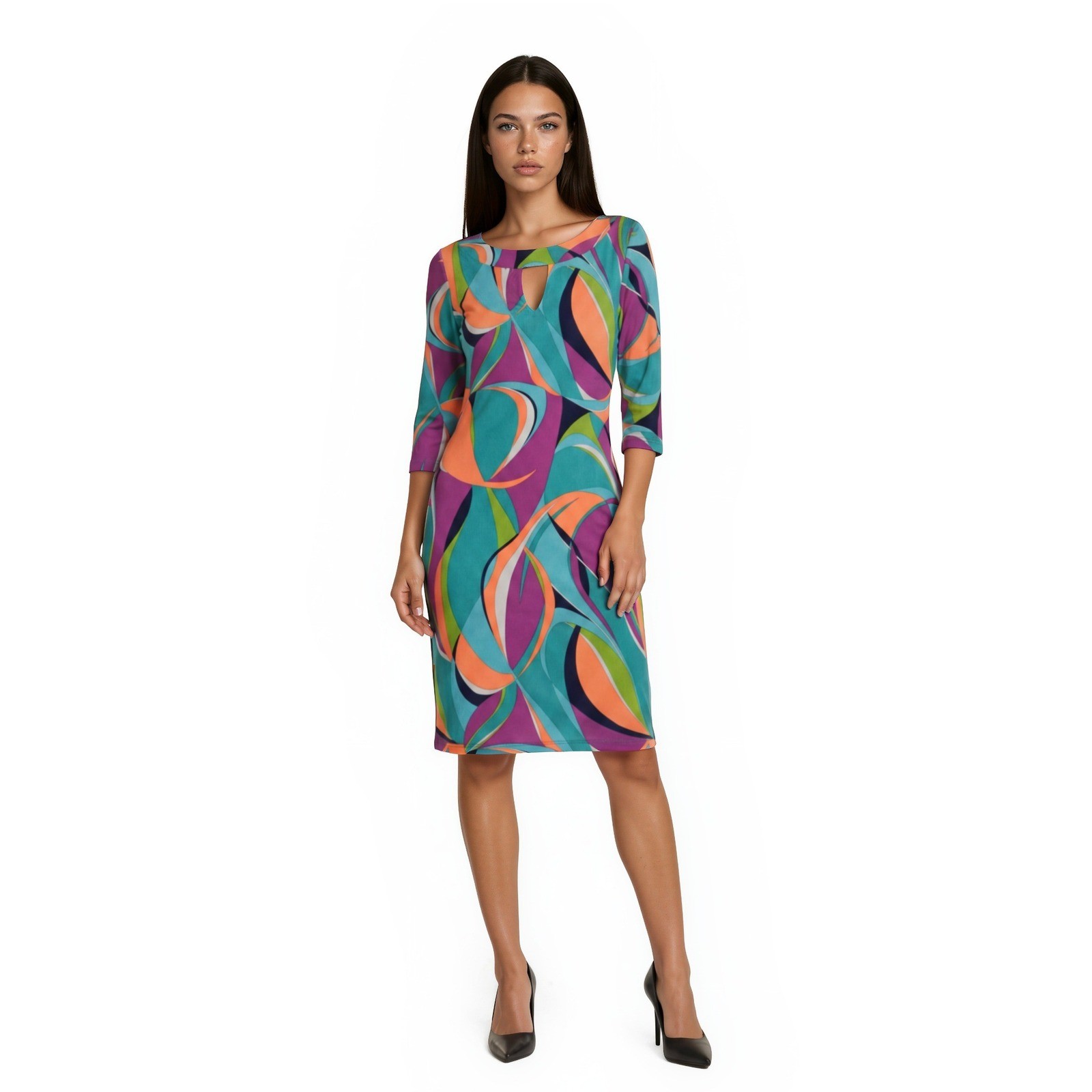 Tracy Negoshian Shift Dress Women's Size Medium Multicolor Abstract 3/4 Sleeve