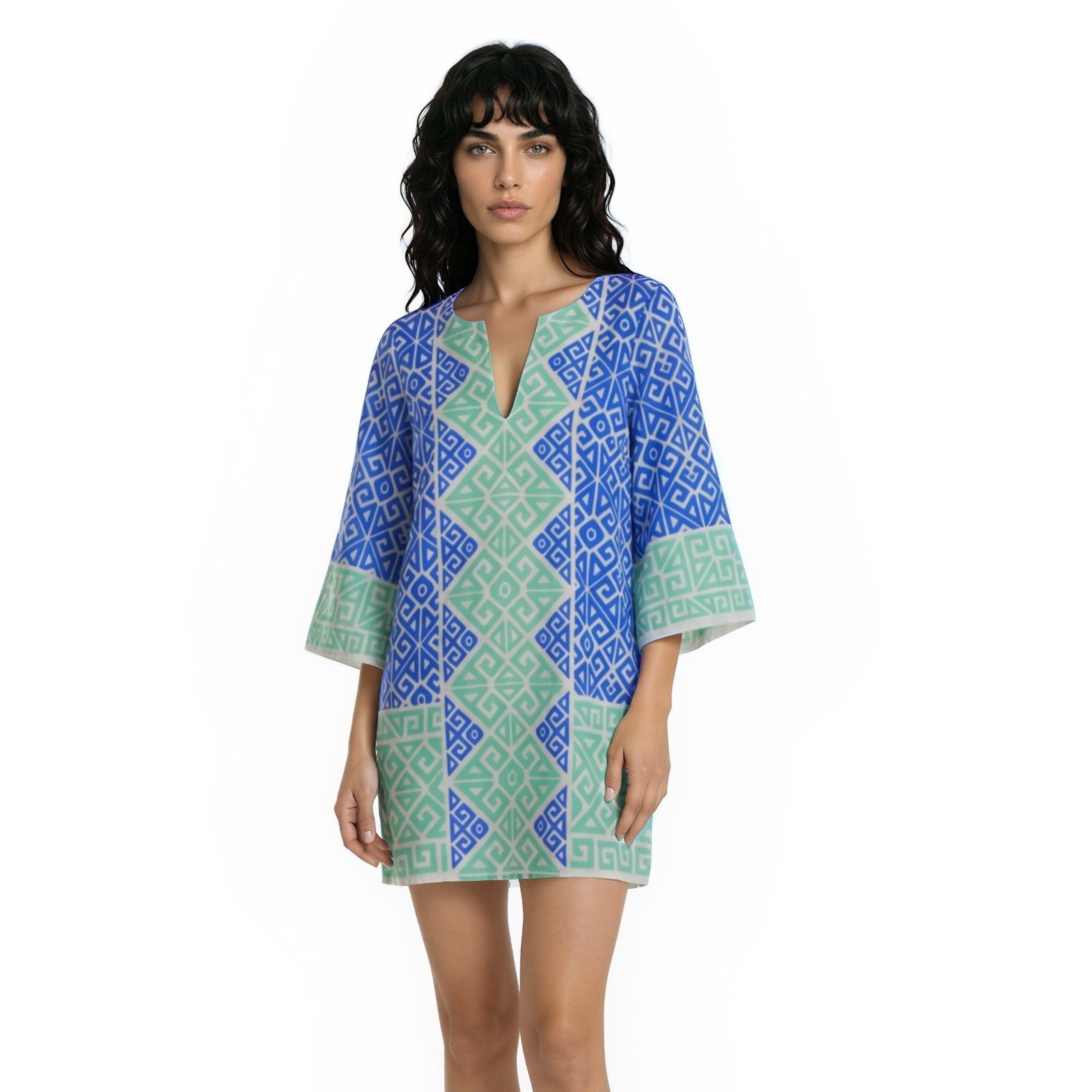 Alice and Trixie Tunic Dress Womens Size Large Blue Green Silk Geometric
