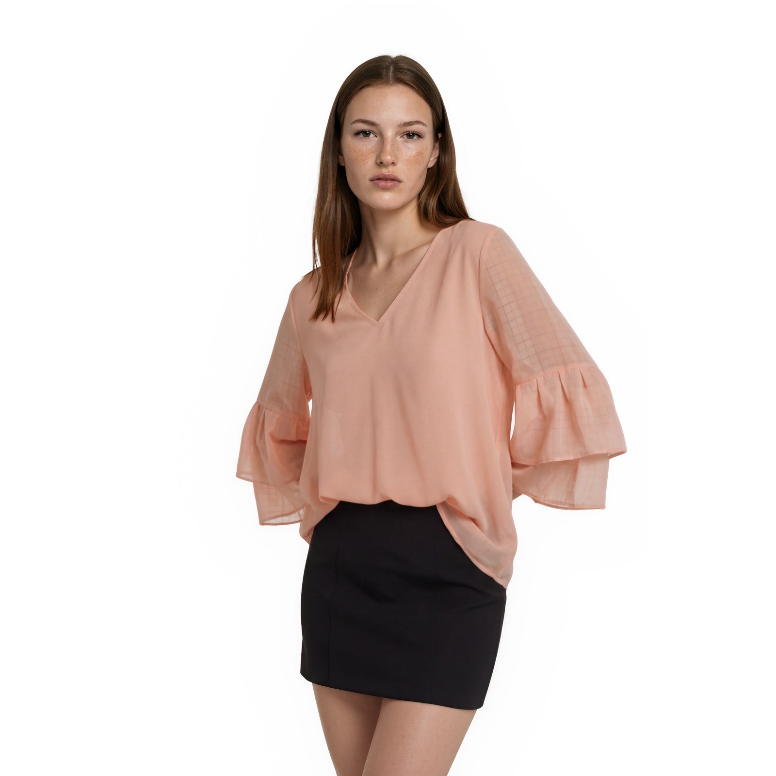 Calvin Klein Blouse Womens Size Large Peach Ruffle Bell Tiered Sleeve V Neck
