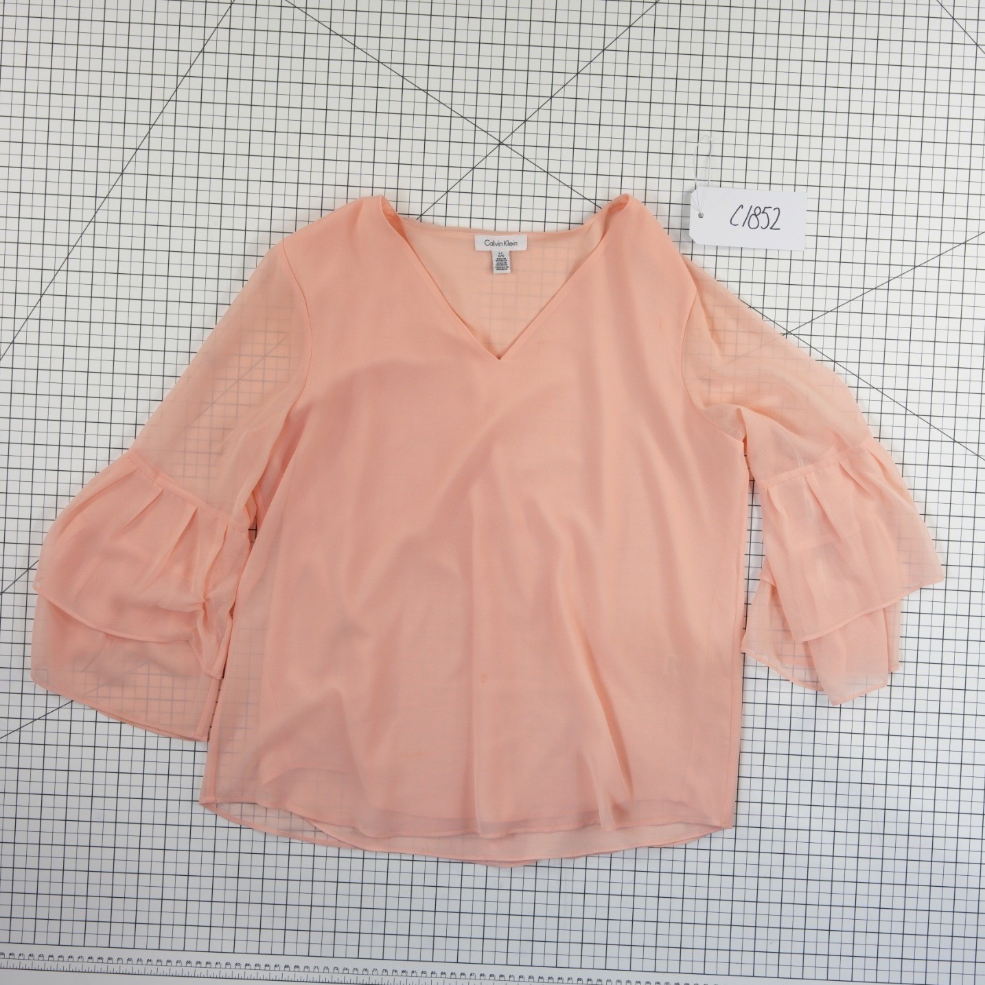 Calvin Klein Blouse Womens Size Large Peach Ruffle Bell Tiered Sleeve V Neck - Image 7