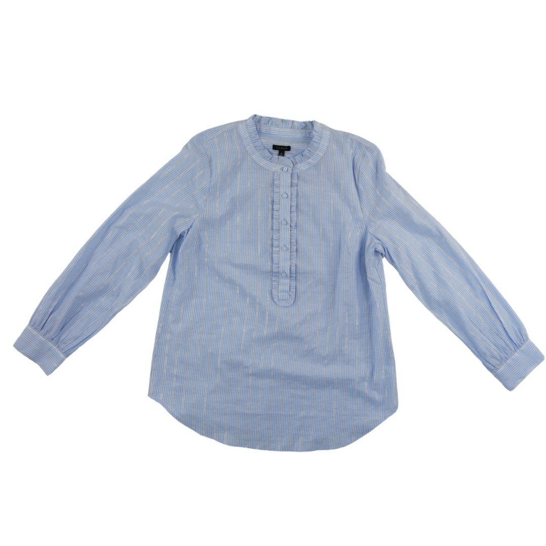 Talbots Popover Blouse Women's Size Medium Blue Striped Ruffle Metallic Cotton