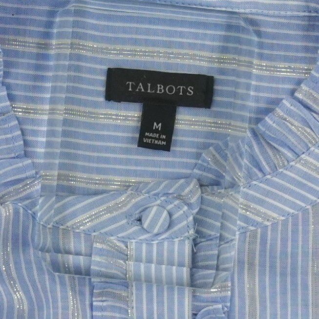 Talbots Popover Blouse Women's Size Medium Blue Striped Ruffle Metallic Cotton - Image 3