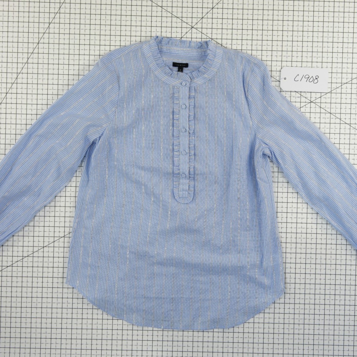 Talbots Popover Blouse Women's Size Medium Blue Striped Ruffle Metallic Cotton - Image 6