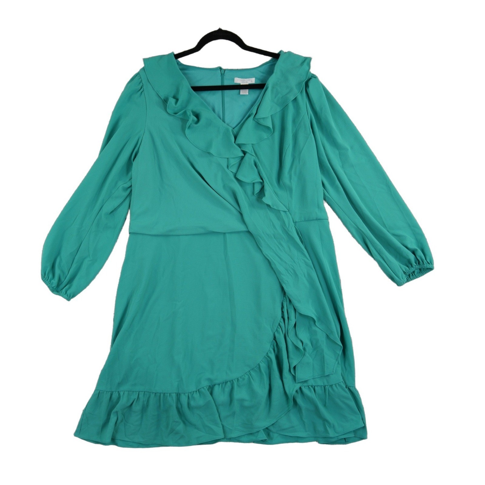 NWT London Times Wrap Dress Womens Size 20W Teal Ruffle V Neck Long Sleeve Derby - Image 2
