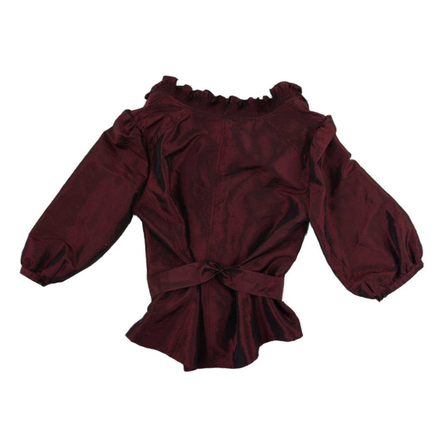 Antonio Melani Blouse Womens Size 14 Burgundy Ruffle Smocked Puff Sleeve - Image 3