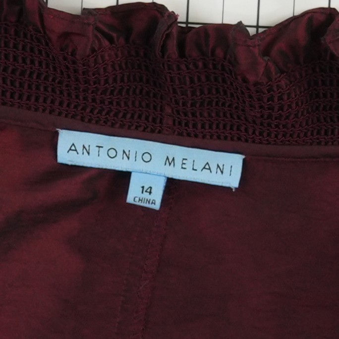 Antonio Melani Blouse Womens Size 14 Burgundy Ruffle Smocked Puff Sleeve - Image 5