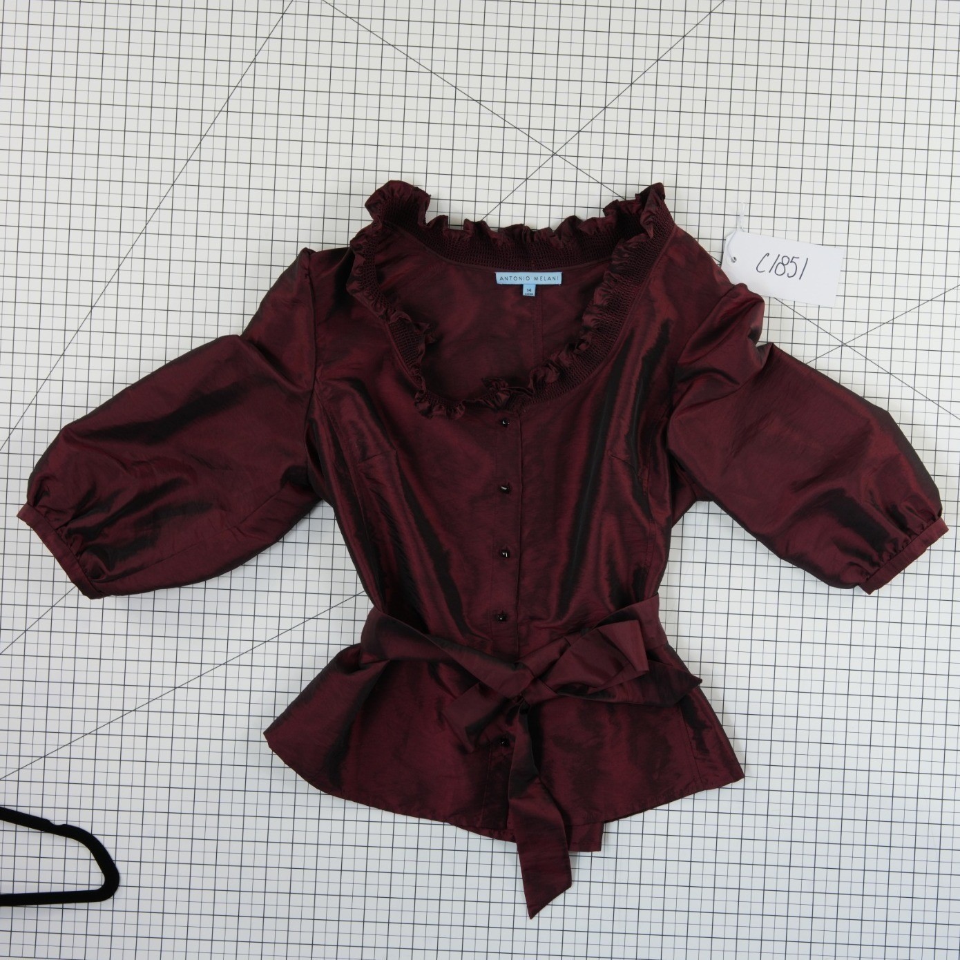 Antonio Melani Blouse Womens Size 14 Burgundy Ruffle Smocked Puff Sleeve - Image 8