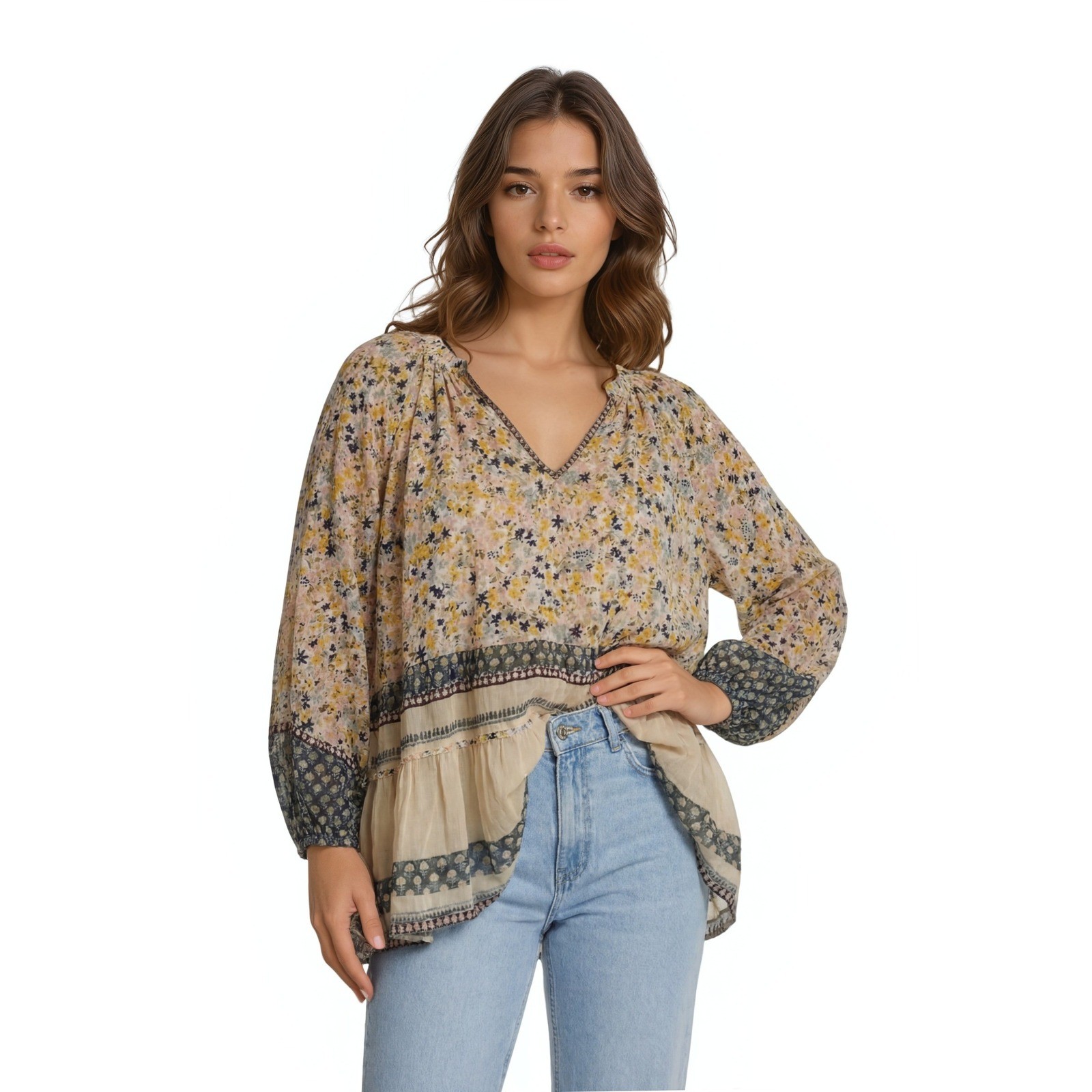 Free People Blouse Top Womens Size XL Yellow Blue Cream Floral Sequin Boho Tunic