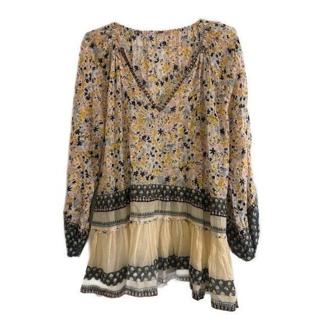 Free People Blouse Top Womens Size XL Yellow Blue Cream Floral Sequin Boho Tunic - Image 2