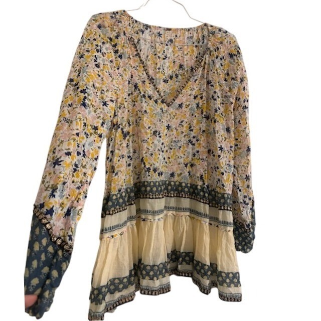 Free People Blouse Top Womens Size XL Yellow Blue Cream Floral Sequin Boho Tunic - Image 3