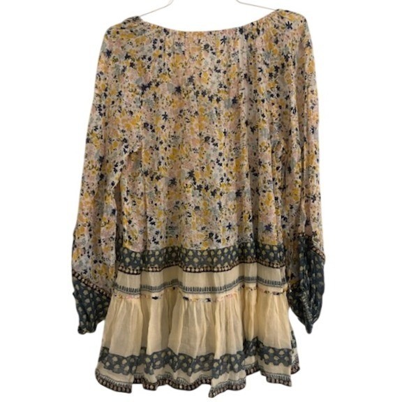 Free People Blouse Top Womens Size XL Yellow Blue Cream Floral Sequin Boho Tunic - Image 4