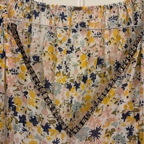 Free People Blouse Top Womens Size XL Yellow Blue Cream Floral Sequin Boho Tunic - Image 6