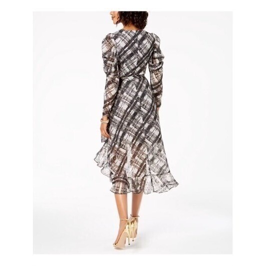 New Taylor Plaid Dress Hi-Lo Ruffle Long Sleeve Midi Black Gray Size 12 - Image 2