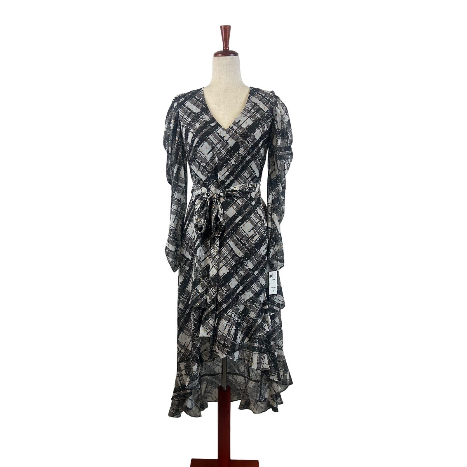 New Taylor Plaid Dress Hi-Lo Ruffle Long Sleeve Midi Black Gray Size 12 - Image 3