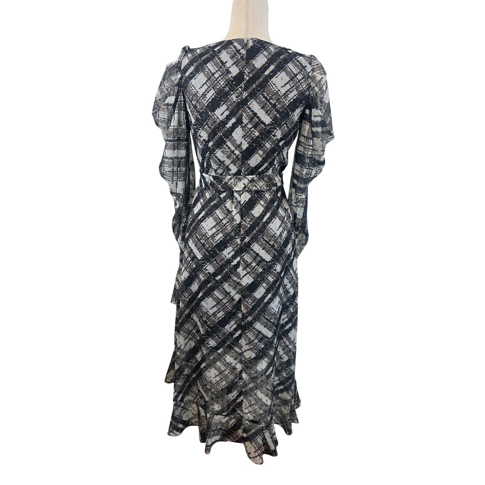 New Taylor Plaid Dress Hi-Lo Ruffle Long Sleeve Midi Black Gray Size 12 - Image 6